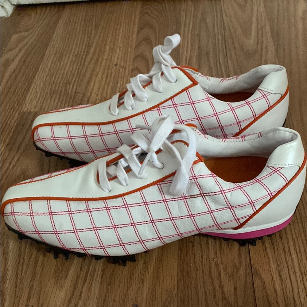 Stylish White and Pink Plaid Sneakers